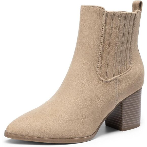 Shoes - Women's Nude Pointed Toe Ankle Boots Chunky Block Heel Bootie Fall